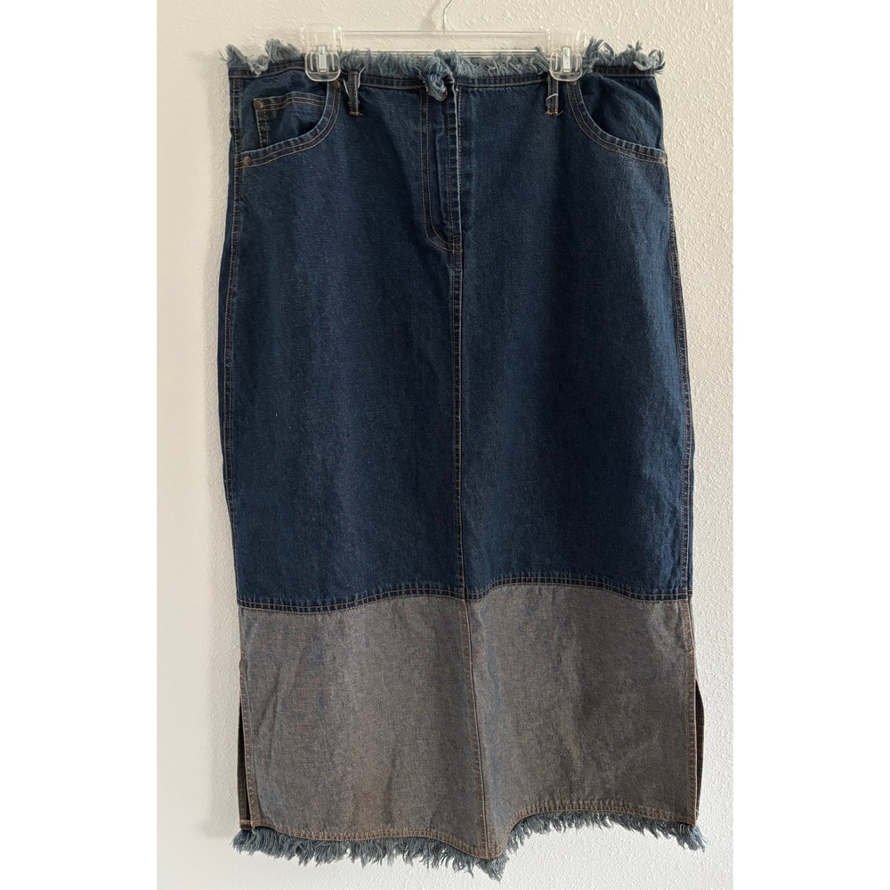 Vintage Two Tone‎ Denim Maxi Skirt Womens XL Frayed Retro 90's Western Festival